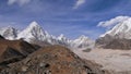 Stunning panorama view over Khumbu glacier with majestic snow-capped mountain Pumori in the Himalayas in Nepal.