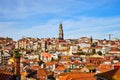 Stunning panoramic aerial view of traditional historic buildings in Porto. Vintage houses with red tile roofs. Famous touristic Royalty Free Stock Photo