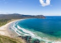 Stunning panoramic high angle aerial drone view of Cloudy Bay Beach on South Bruny, Bruny Island, Tasmania, Australia