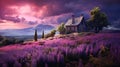 Stunning Panoramic Imagery of a Purple Flowers Field with a Hous