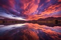 stunning panoramic shot of a colorful sunset over a tranquil lake, with the sky ablaze in hues of orange, pink, and purple Royalty Free Stock Photo