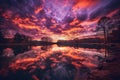 stunning panoramic shot of a colorful sunset over a tranquil lake, with the sky ablaze in hues of orange, pink, and purple Royalty Free Stock Photo