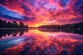 stunning panoramic shot of a colorful sunset over a tranquil lake, with the sky ablaze in hues of orange, pink, and purple Royalty Free Stock Photo