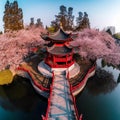 Tranquil Chinese Pagoda and Sakura Bridge at Golden Hour Royalty Free Stock Photo