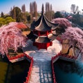 Tranquil Chinese Pagoda and Sakura Bridge at Golden Hour Royalty Free Stock Photo