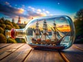 A Stunning Panoramic View of a Handmade Miniature Ship Carefully Crafted and Displayed Inside a Decorative Glass Bottle Royalty Free Stock Photo