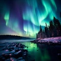 A stunning panoramic view of the natural phenomenon of the Aurora Borealis in the night sky