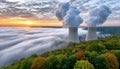 Stunning panoramic view of a nuclear power station at sunset, harmonizing nature and technology. Royalty Free Stock Photo