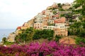 Stunning panoramic view of Positano village with flowers, Amalfi Coast, Italy Royalty Free Stock Photo
