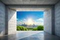 Stunning Panoramic View Through a Wide Cinder Block Wall Opening Modern Architecture Minimalist Design Stock Photo