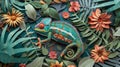 This stunning paper art showcases a multicolor-scaled chameleon amongst paper-crafted plants