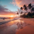 Stunning paradise-like beach landscape with palmtrees and the sunset