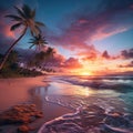 Stunning paradise-like beach landscape with palmtrees and the sunset Royalty Free Stock Photo