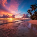 Stunning paradise-like beach landscape with palmtrees and the sunset