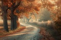 Autumn Road Lined with Golden Foliage Trees