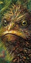 Stunning pencil creature design: egg bird with spikes on head and green background closeup face. Prehistoric planet amphibians