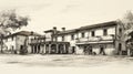 Vintage Sketch Of Colonial Architecture In Italian Wine Country