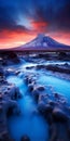 Luminescent Sunset: Majestic Volcano And Water Stream Royalty Free Stock Photo