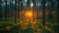 Golden Hour in Pine Forest: Sunlight Peeking Through Trees Royalty Free Stock Photo