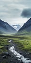 Captivating Water Flow In Grassy Field: A Serene Mountainous Vistas Inspired Shot