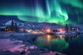 A stunning photo captures the captivating sight of an aurora borealis illuminating a small town and lake, The northern lights