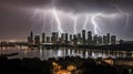 A dramatic photo of lightning striking a city skyline with the bright bolts illuminating the buildings created with Generative AI