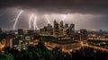A dramatic photo of lightning striking a city skyline with the bright bolts illuminating the buildings created with Generative AI