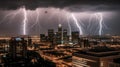 A dramatic photo of lightning striking a city skyline with the bright bolts illuminating the buildings created with Generative AI