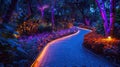 Enchanting Illuminated Garden with Colorful Flowers and Lush Greenery at Night Royalty Free Stock Photo