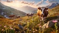 Alpine Serenity: Cows Grazing on Wildflower Meadow with Snow-Capped Peaks. Generative AI