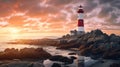 Crimson Glow: A Captivating Red and White Lighthouse at Sunset Royalty Free Stock Photo