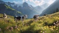 Alpine Serenity: Cows Grazing on Wildflower Meadow with Snow-Capped Peaks. Generative AI Royalty Free Stock Photo