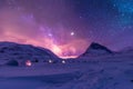 A stunning photo capturing the beauty of a snowy landscape with towering mountains and a sky filled with stars, An igloo village