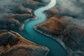 A stunning photo capturing a river meandering gracefully through a lush green valley, A meandering river cutting through an