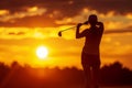 A stunning photo capturing the silhouette of a golfer playing against a colorful sunset backdrop, A lady golfer preparing for a Royalty Free Stock Photo