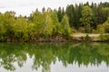 Stunning photo of fall foliage reflected on a lake with a glass like mirror water surface Royalty Free Stock Photo