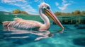 Photorealistic White Pelican Swimming In Clear Blue Ocean