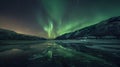 Northern Lights Reflection on Frozen Lake in Nukkea Norway Royalty Free Stock Photo