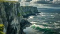 A stunning photo of towering cliffs on the edge of an expansive ocean, showcasing the raw beauty and power of nature, Rugged Irish