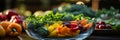 Glass salad bowl filled with colorful vegetables and fruits Royalty Free Stock Photo