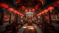 Enchanting Chinese Temple at Night with Red Lanterns and Traditional Paintings