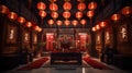 Enchanting Chinese Temple at Night with Red Lanterns and Traditional Paintings