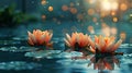 Miraculous Lotus Flower on Water with Defocused Waterlilies in Background - Concept of Magic and Beauty