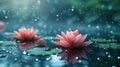 Miraculous Lotus Flower on Water with Defocused Waterlilies in Background - Concept of Magic and Beauty