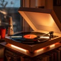 Vintage Record Player with Spinning Vinyl during Golden Hour