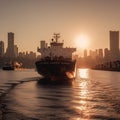 Sunrise Cargo Ship in Busy Harbor with Towering City