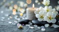 Almond Blossoms with Candle and Black and White Stones Royalty Free Stock Photo