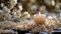 Almond Blossoms with Candle and Black and White Stones Royalty Free Stock Photo