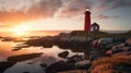 A Captivating Sunset with a Red and White Lighthouse