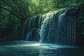 This stunning photograph captures a powerful waterfall surrounded by a vast body of water, Flowing waterfall with cascading binary